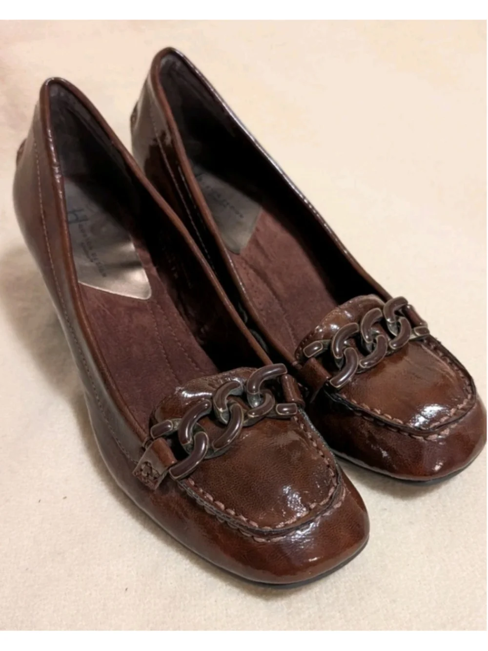 Boston Design Studio Women’s Brown Patent Leather Loafer Block Heel Size 7M F34